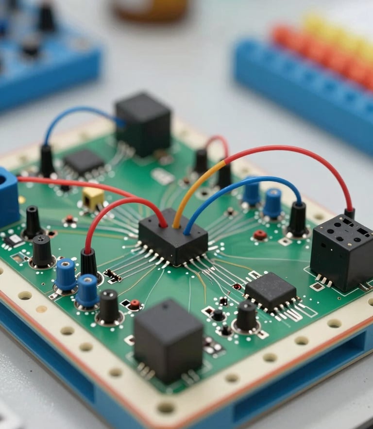 A detailed close-up of a breadboard circuit with neat wiring in a North American / US school setting, sharp focus on the electronic components, Sage Green and Dusty Sky Blue accents in the background.
