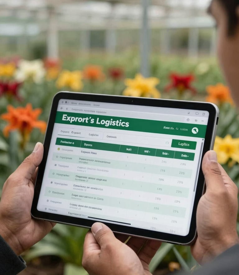 Close-up of a digital tablet held by a South American agricultural manager showing export logistics data, blurred greenhouse background with colorful blooms.