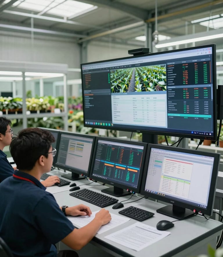 A modern control room within a high-tech South American floriculture facility, professional staff monitoring production data on large sleek screens, clean industrial aesthetic with soft natural light.