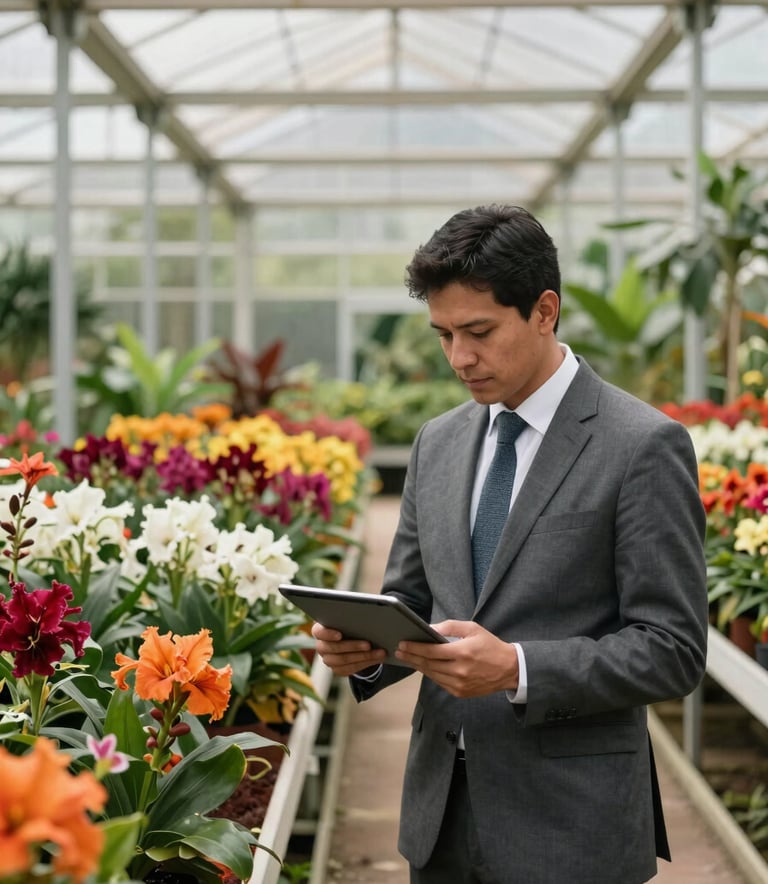 A wide-angle professional photograph of a South American technologist in business attire using a digital tablet inside a vibrant, lush flower plantation greenhouse, reflecting the fusion of nature and innovation.