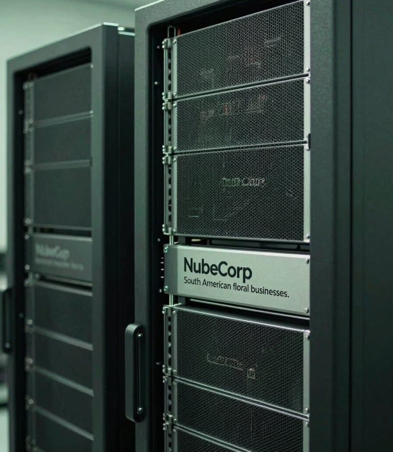 A close-up photograph of high-end server equipment in a clean, professional data room, illuminated with subtle sage green lighting, symbolizing the technological reliability and infrastructure support NubeCorp provides to South American floral businesses.