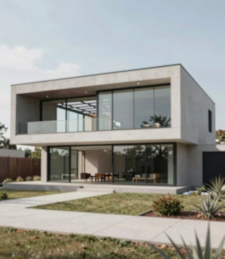 A luxury modern villa with large glass windows and minimalist architecture, showcasing a completed steel framing project by Construcciones en Seco Palmieri. The design is sleek, using gray and white tones, set against a clean Uruguayan landscape. Professional architectural photography style.