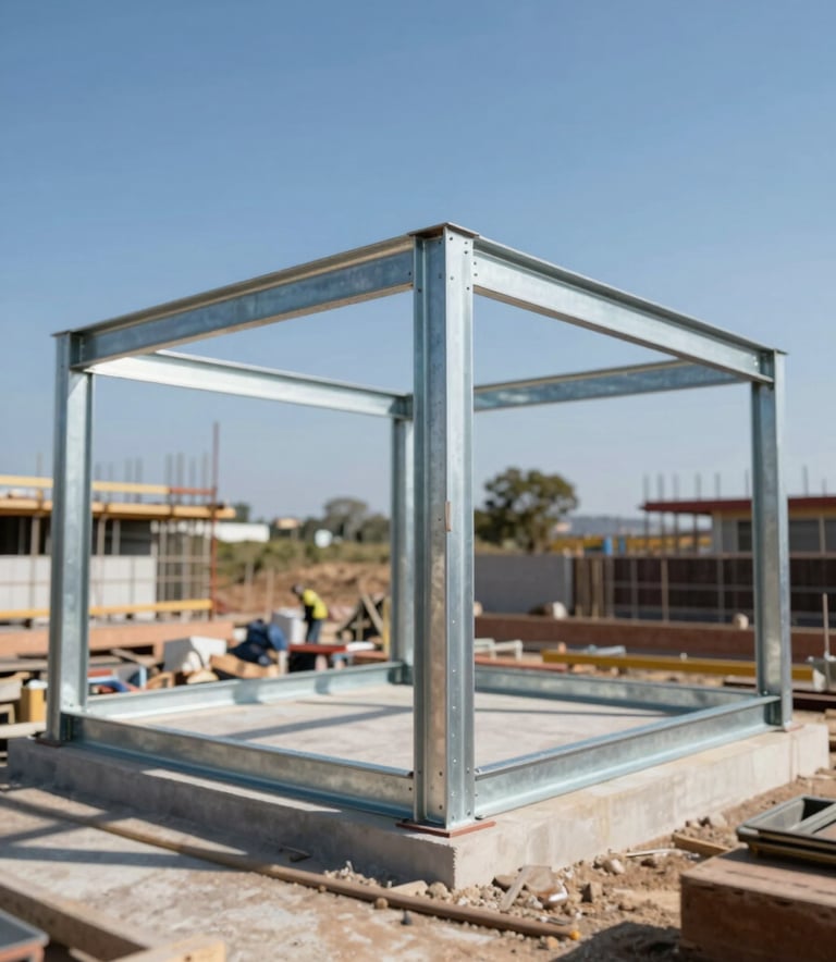 A construction site in Uruguay showcasing a precise steel frame structure being assembled for a residential project. The image captures the industrial beauty of the galvanized steel #BDBDBD against a professional workspace, conveying modern efficiency and engineering precision.