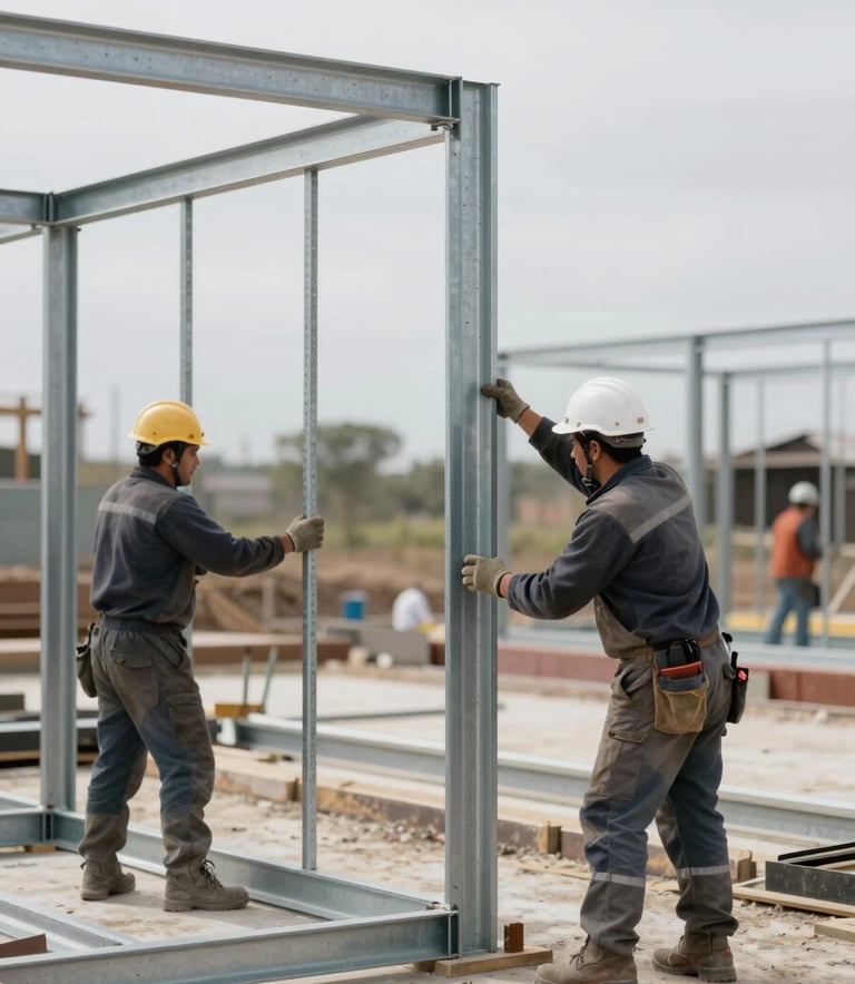 Professional construction workers precisely assembling a steel frame wall on a clean site in Uruguay. The focus is on the precision of the steel studs and professional tools. The aesthetic is industrial, clean, and dominated by shades of gray and white.
