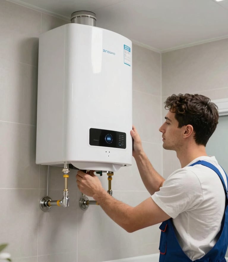 A professional technician in a Southern European / Spanish residential laundry room installing a white electric water heater on a wall, clean and modern setting, professional lighting.