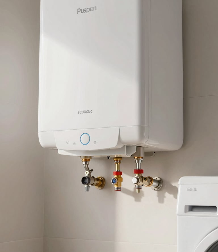 Close-up photography of a modern white electric water heater professionally installed on a laundry room wall with clean piping and safety valves, bright indoor lighting in a Spanish home.