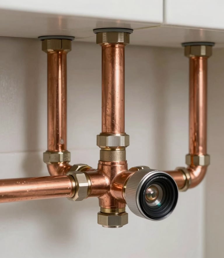 Close-up of high-quality copper piping and modern water installation components in a clean residential utility room in Spain, crisp professional photography.