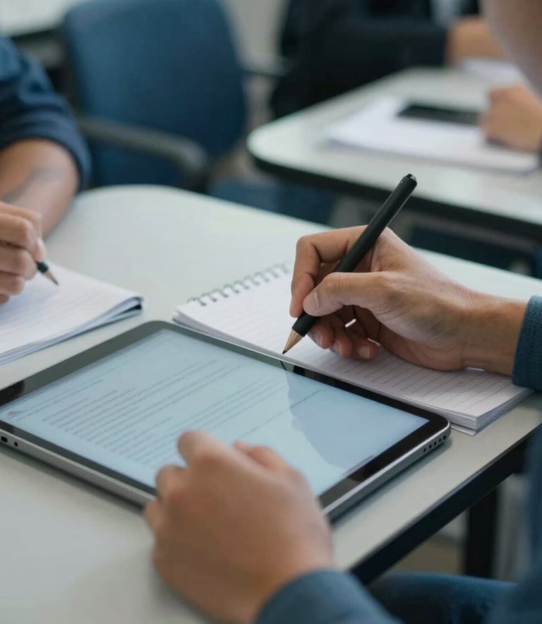 Close-up of hands taking notes on a tablet during a lecture in a Brazilian university setting, professional environment, soft lighting, focus on interaction, muted blue and light gray-blue color palette, professional photography.