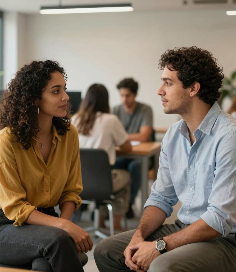 A one-on-one mentoring session in a modern Brazilian coworking space, professional and collaborative mood, natural light, soft textures, gold and light blue-gray tones, realistic photography.