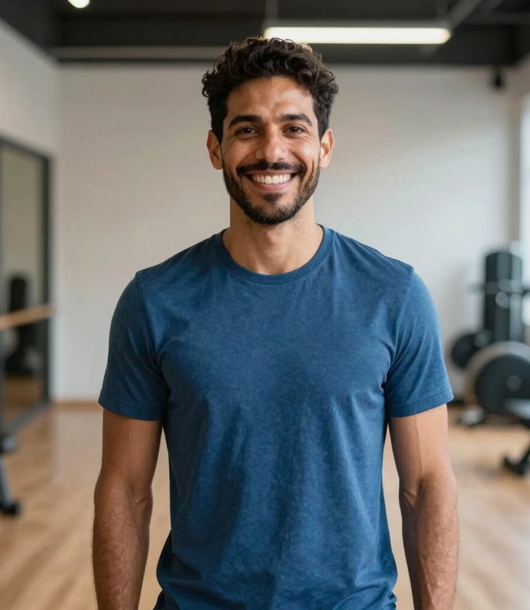 A professional and approachable South American / Brazilian instructor in a clean, modern training center, wearing a smart-casual steel blue shirt, standing confidently with a warm, inviting smile against a soft-focus background of a contemporary learning facility.