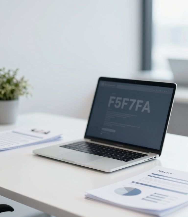 A modern, bright administrative office workspace featuring a clean white desk, an open laptop, and neatly organized documents. The style is minimalist and professional, utilizing #F5F7F8 and #778DA9 colors.