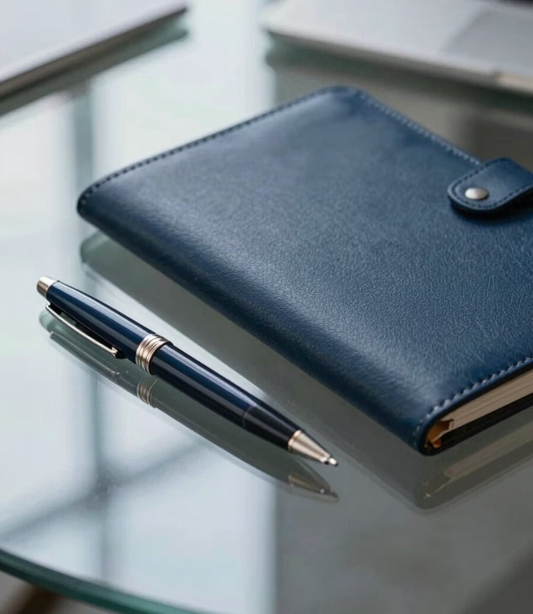 A close-up of a professional leather-bound folder and a high-quality pen resting on a clean glass table, with soft corporate lighting. The color palette emphasizes #0D1C2E and #2F4858, reflecting formal reliability.
