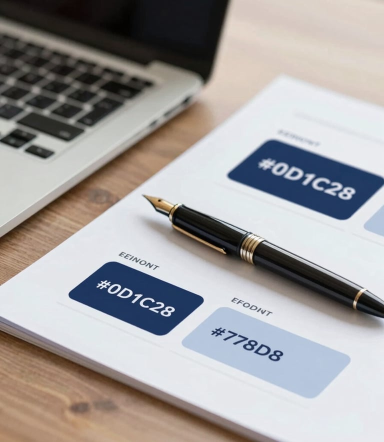 A close-up of a professional desk with a laptop, a sleek fountain pen, and organized documents, incorporating the brand colors #0D1C2E and #778DA9, bright and modern lighting.