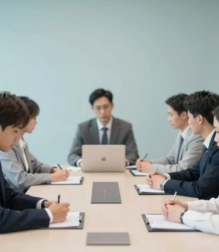 A professional team meeting in a high-tech boardroom, focused on efficiency and collaboration, with subtle #778DA9 color accents in the decor.