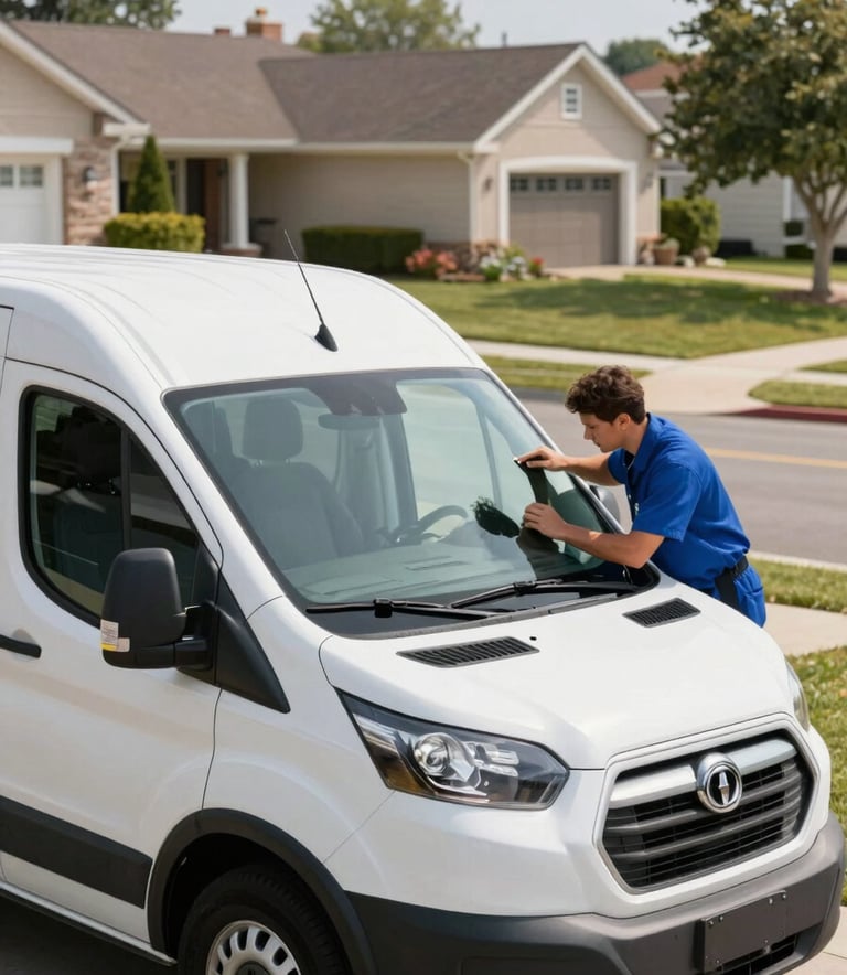 Photography of a modern white service van parked in a sunny North American suburban driveway. A professional technician in a clean blue uniform is inspecting a windshield. The atmosphere is efficient and empowering with soft daylight.