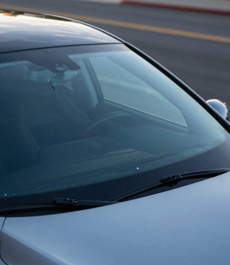 Photography of a modern car parked on a quiet US street, showing the windshield reflecting a clear sky blue horizon, emphasizing safety and clarity, modern efficiency style.