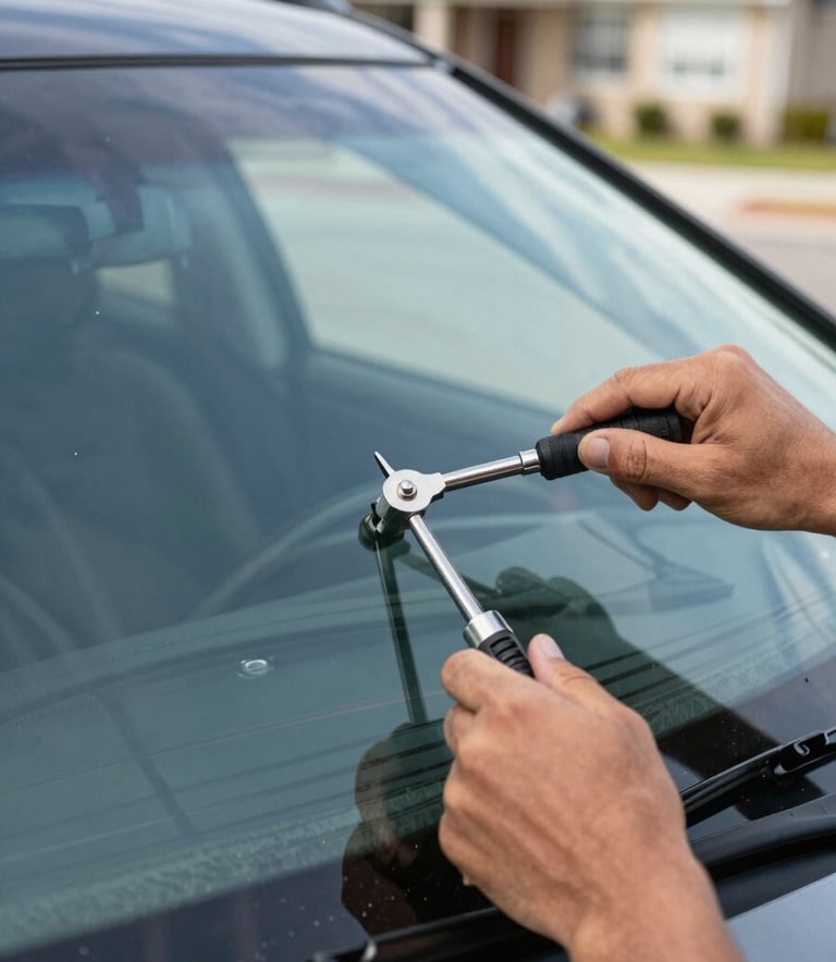 Close-up photography of a windshield repair process on a high-end SUV in a North American suburban setting. A technician's hands use professional tools with precision, with reflections of a clear blue sky on the glass. The lighting is bright and efficient, emphasizing clean work.