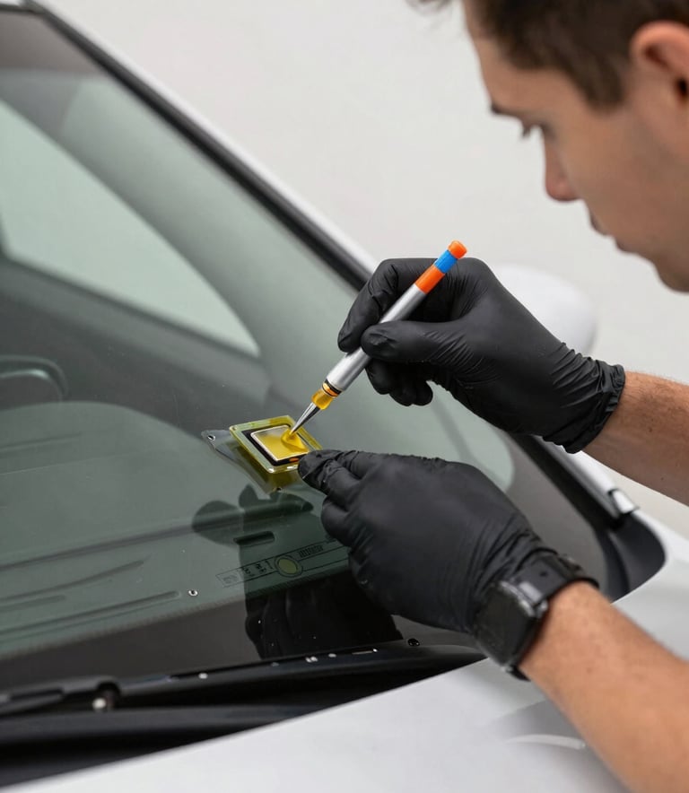 A close-up photograph of a professional technician in the North American US applying specialized resin to a small chip in a car windshield, bright natural daylight, clean and modern aesthetic.