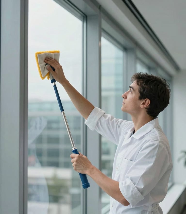 A professional cleaner in a subtle white uniform polishing the windows of a modern Southern European office. The composition is clean and focused on detail, with soft blue-grey and white colors throughout the scene.