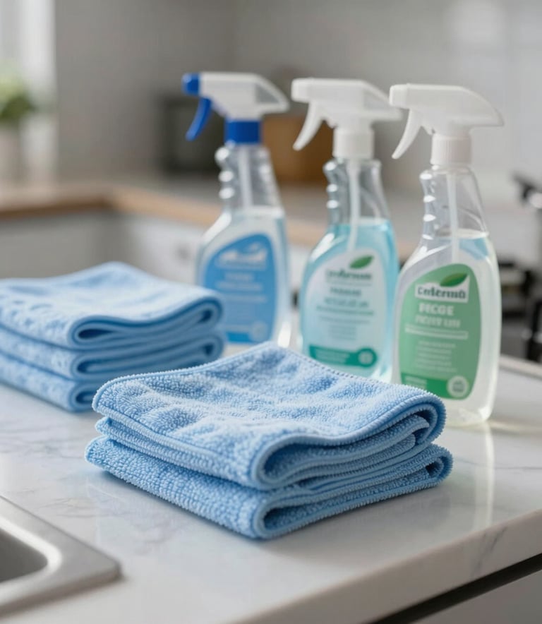 A close-up photograph of professional eco-friendly cleaning supplies, including light blue microfiber cloths and clear spray bottles, arranged neatly on a white marble surface in a bright Southern European office kitchen.