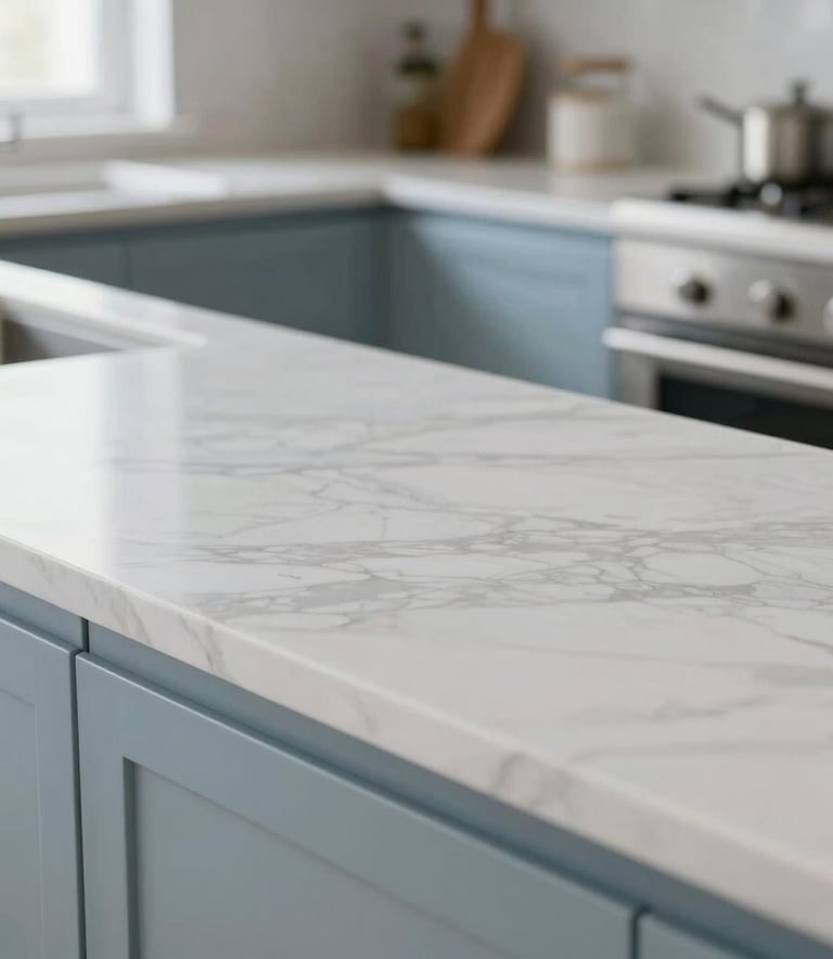A close-up photograph of a clean, polished marble countertop in a modern Southern European kitchen, reflecting soft natural light. The scene is bright with light steel blue and white accents, emphasizing professional hygiene and care.