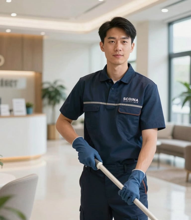 A professional cleaner in a neat uniform working in a bright Southern European commercial lobby, reflecting the brand values of efficiency and reliability through meticulous work and modern setting.