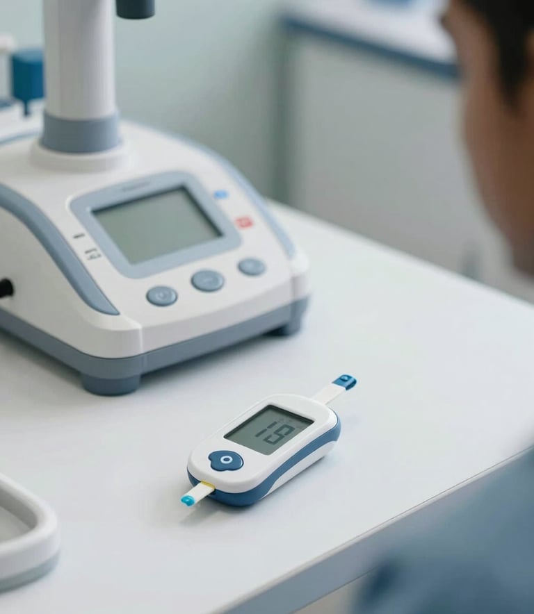 A close-up photograph of professional cardiology equipment and a diabetes monitoring device on a clean white medical desk, soft natural lighting in a modern clinic, South Asian / Bangladeshi setting, with light blue accents.