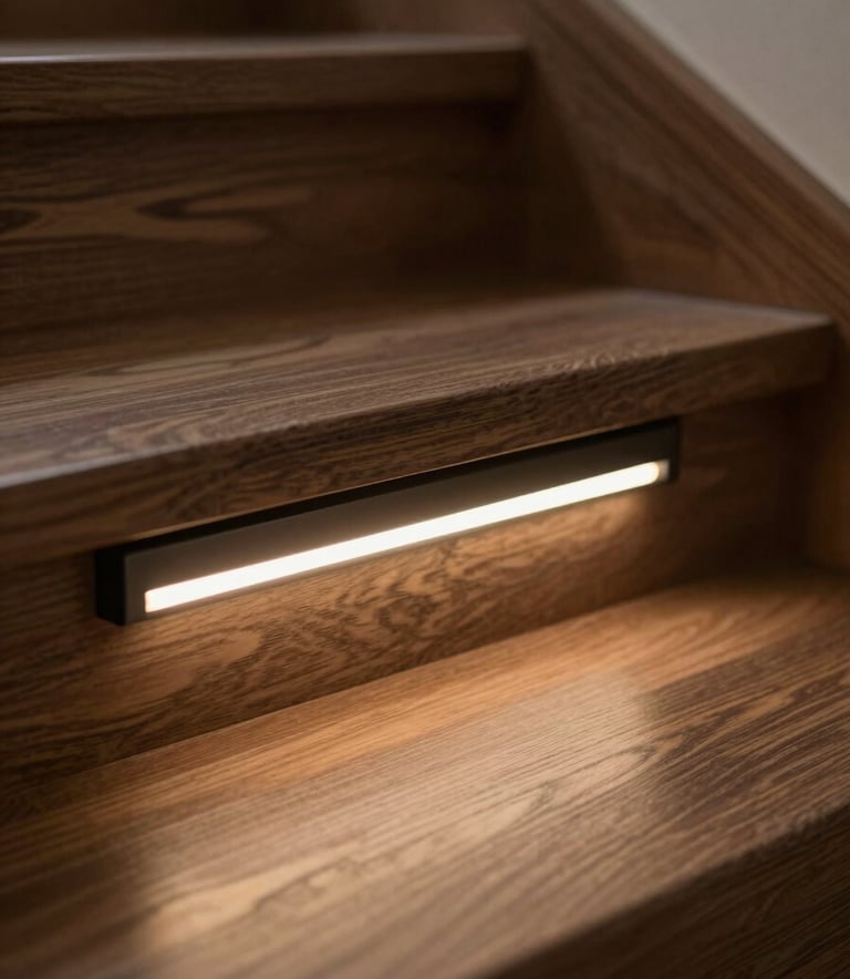 A close-up, high-detail macro shot of a sleek, low-profile LED strip light hidden under the lip of a dark wood stair tread. Professional lighting highlights the high-end craftsmanship and the warm bronze glow (#B28D69).