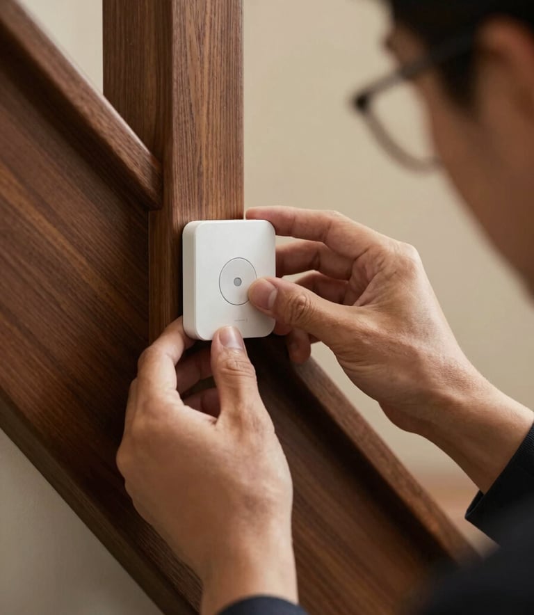 Close up of a professional technician's hands carefully installing a sleek, minimalist motion sensor into a dark wood staircase. The lighting is warm and professional, highlighting the high-end materials and precise craftsmanship.