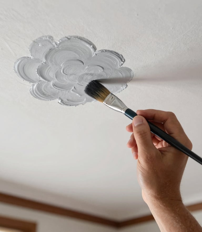 Macro photography of a professional painter's hand using a precision brush to create a sharp edge with clouds grey paint on a white ceiling in a Turkish / Anatolian home interior. Meticulous and clean workmanship.