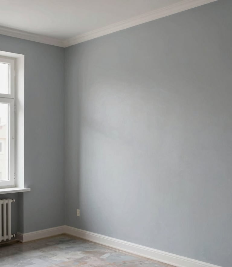 A professionally painted living room interior in an Anatolian home, showcasing smooth walls in a light clouds grey color. The lighting is soft and natural, coming from a large window, highlighting the flawless finish and meticulous attention to detail. No people present, focusing on the cleanliness and quality of the paint job.