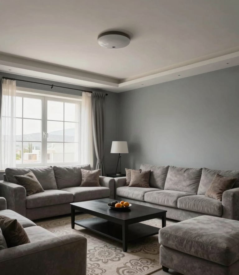 Wide angle photography of a beautifully finished modern Turkish living room in Aksaray. The walls are painted in a perfect clouds grey finish. Soft natural light coming from the window.