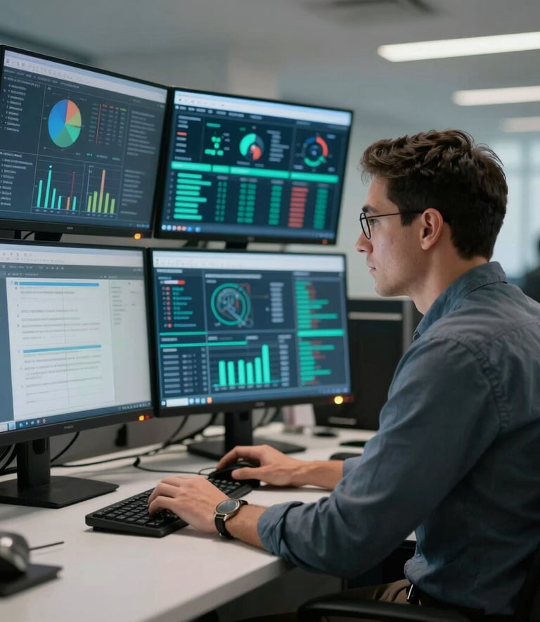 A professional analyst in a North American / Global Business office looking at multiple sleek monitors displaying data visualizations, sophisticated medium blue and green lighting.