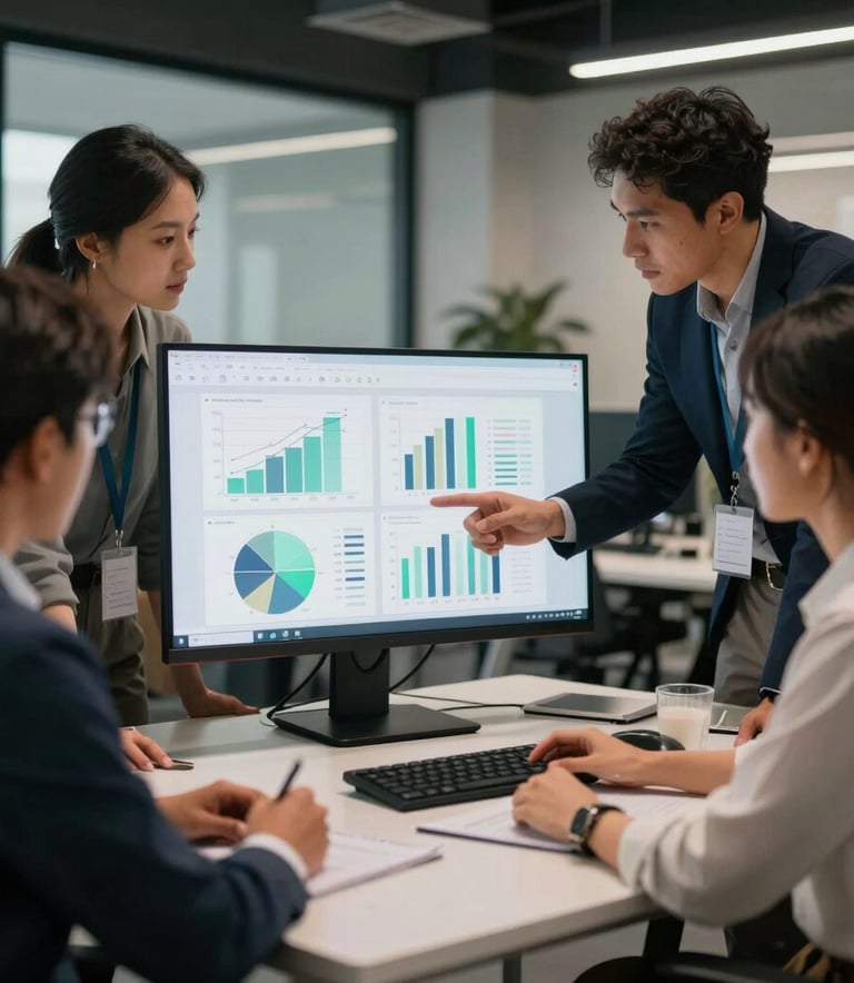 A diverse team of data analysts reviewing charts on a screen in a modern office, North American / Global Business, professional lighting, corporate style, tones of Dark Navy and Light Green.