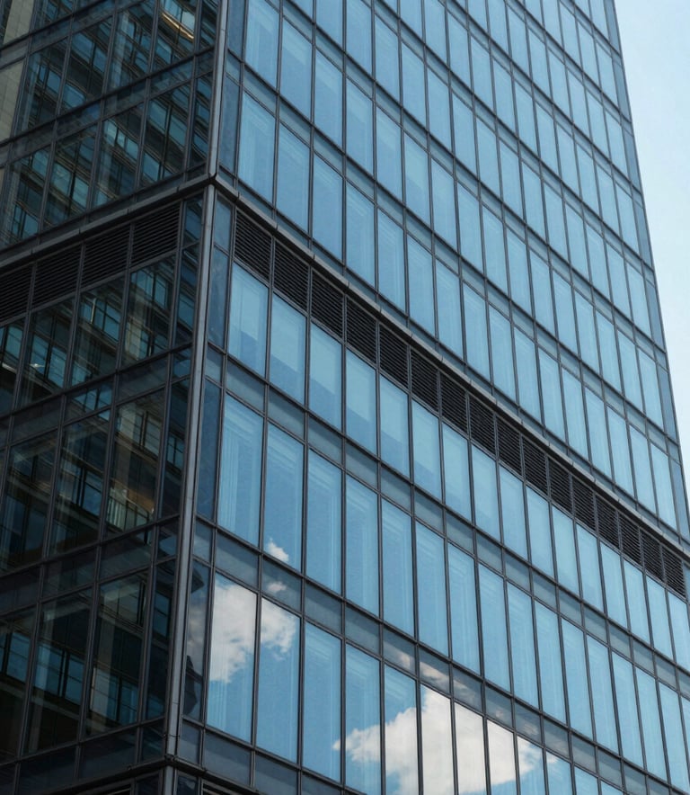 A close-up of a modern glass office building reflecting a bright blue sky, North American / Global Business environment, professional and clean architectural photography.