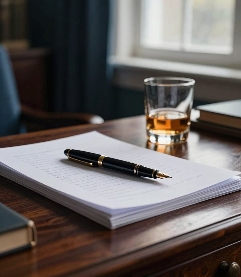 A cinematic, low-angle shot of a mahogany writing desk in a North American study. A high-end fountain pen rests on a stack of thick paper beside a half-full glass of scotch. Soft, moody light filters through a window, creating deep shadows. The atmosphere is intelligent and intense, featuring deep slate blue and dark gray tones.