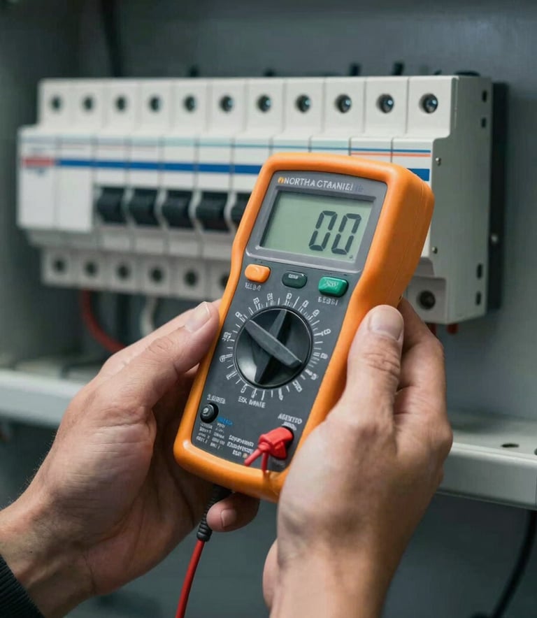 A close-up of a professional's hands holding a modern digital multimeter against a circuit breaker in a North American / US utility room, deep slate grey tones.