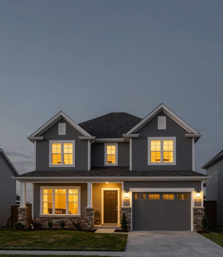 A wide shot of a modern North American / US suburban home at dusk, windows glowing with warm, reliable light against a deep slate grey sky.