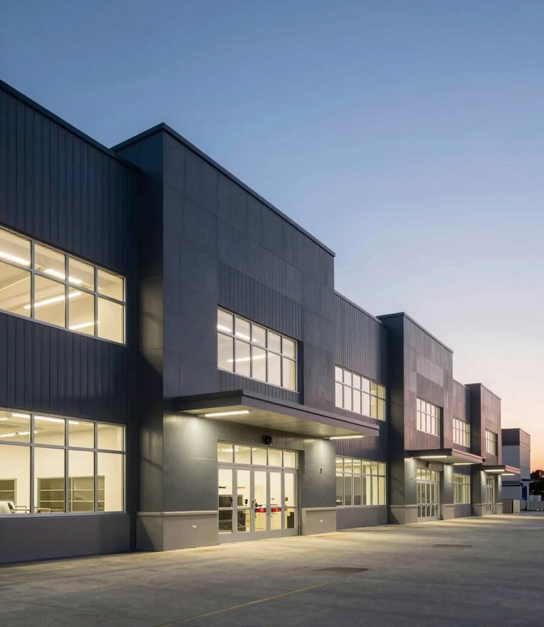 A wide-angle professional photograph of a modern North American / US commercial facility at dusk, featuring crisp architectural lighting with soft off-white glows. The composition is clean and authoritative, emphasizing efficiency and deep slate grey structural elements under a clear sky.
