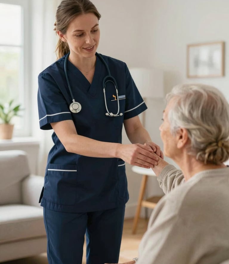 A professional European / British nurse in a dark blue uniform providing supportive care to an elderly resident in a bright, modern care home, warm natural lighting, professional and compassionate atmosphere.