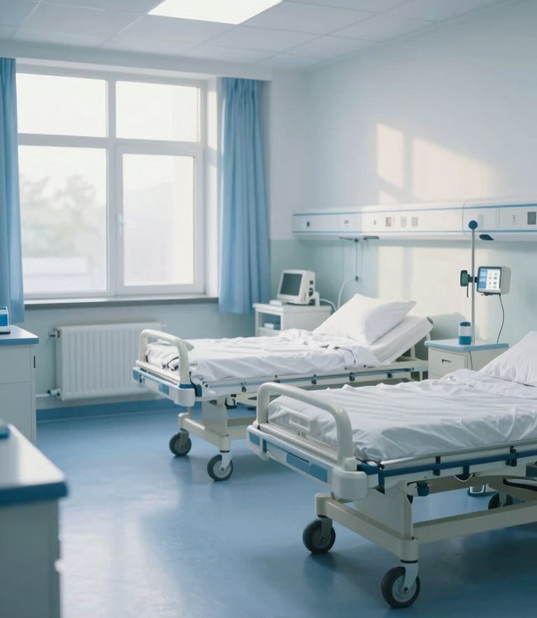 A clean, modern European / British hospital ward with polished floors and bright blue accents, soft morning light streaming through windows, professional medical environment.