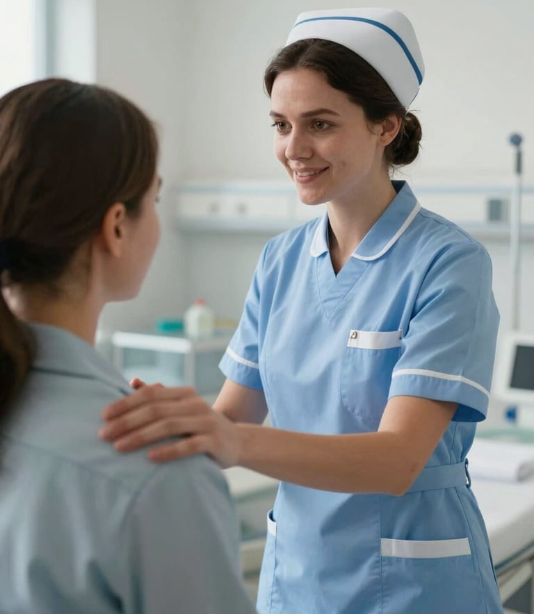 A compassionate European British nurse in a light blue uniform interacting warmly with a patient in a modern hospital setting. Soft, professional lighting, clean environment, emphasizing trust and support.