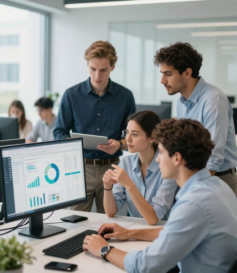 A diverse team of professional IT consultants collaborating in a modern, bright office space in Georgia. They are looking at a large monitor with data charts. The atmosphere is trustworthy and innovative, incorporating #3A8D9B accents.