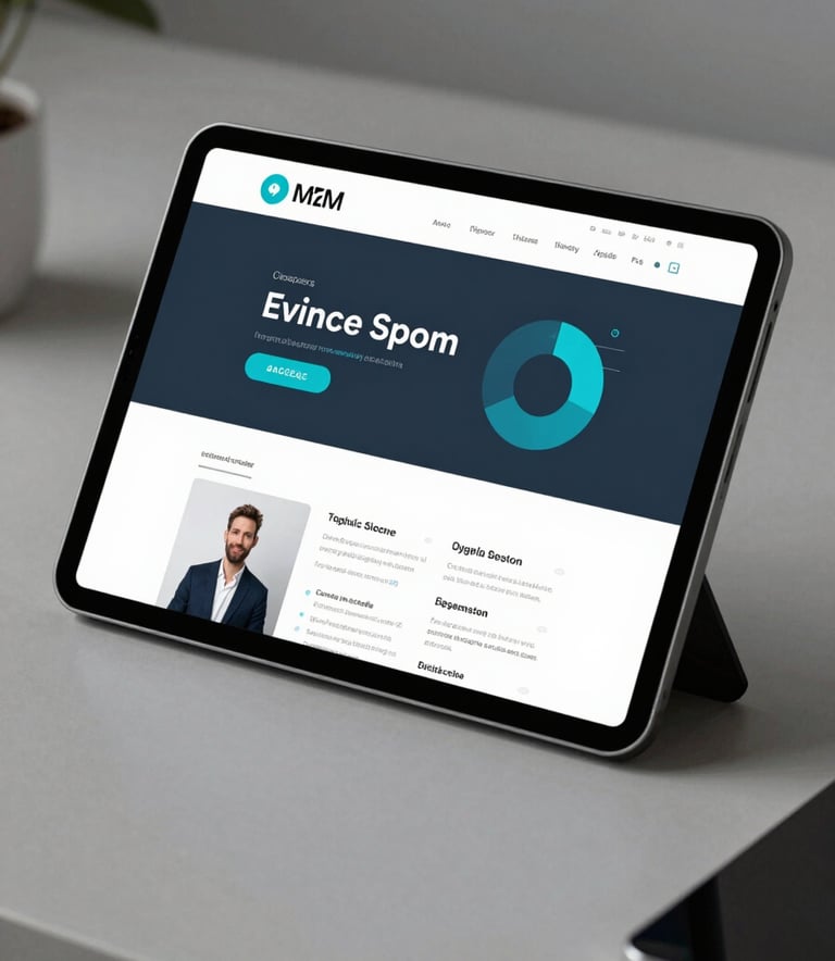 A high-tech digital workspace showing a sleek tablet displaying a custom web application interface. The composition is clean and minimalist, featuring soft lighting and a color palette of #1C2E3C and #3A8D9B to convey professional digital solutions.