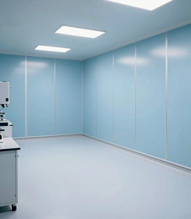 A wide-angle professional photograph of a pristine pharmaceutical cleanroom in a South Asian / Indian facility. The room features seamless white floors and pale sky blue modular walls under bright, shadowless lighting. The atmosphere is sterile and technologically advanced.