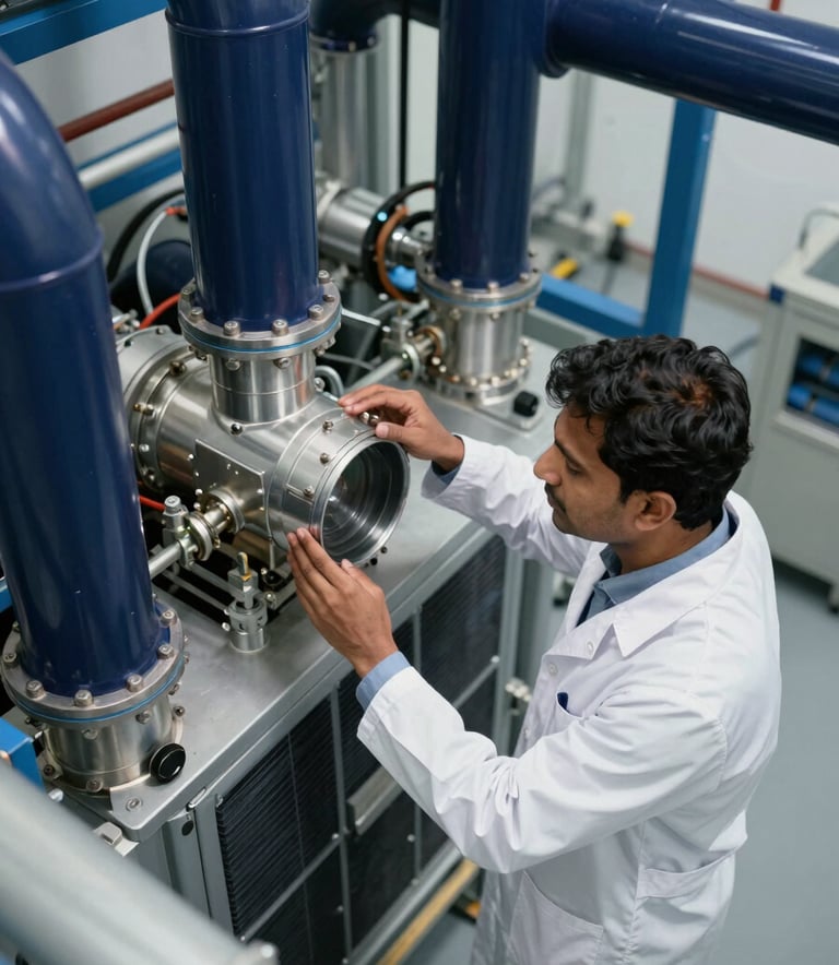 A high-angle photograph of a professional South Asian / Indian engineer in a white lab coat inspecting a complex air handling system. The environment is a brightly lit, modern mechanical room with deep navy blue piping and steel blue accents. The mood is professional and focused.