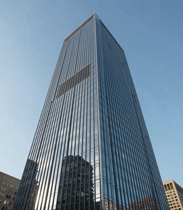 A wide-angle professional photograph of a modern glass skyscraper in a North American financial district, reflecting a clear blue sky. The composition emphasizes security, height, and corporate stability with a clean, professional aesthetic.