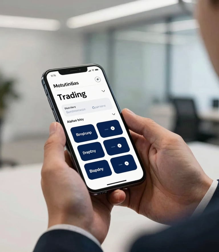 A professional person in a sleek suit holding a high-end smartphone, the screen showing a clean mobile trading interface with navy blue buttons, set in a modern North American / US office.