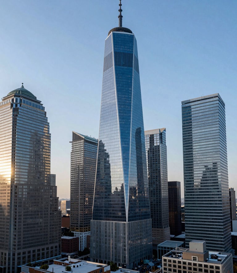 A high-angle architectural shot of a cluster of modern skyscrapers in a North American / US business hub under a clear sky, emphasizing royal blue and silver tones.