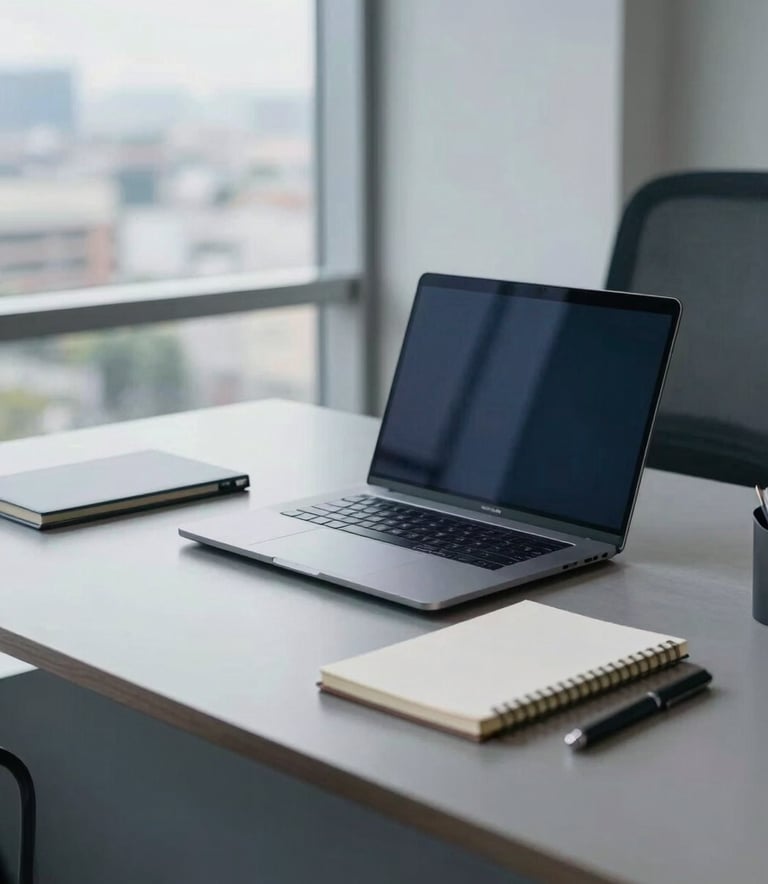 A clean, high-end office desk in a South American / Brazilian corporate building. Soft daylight through large windows, featuring a laptop, a minimalist notebook, and professional stationery. Colors: deep blue and light grey. Professional photography style.